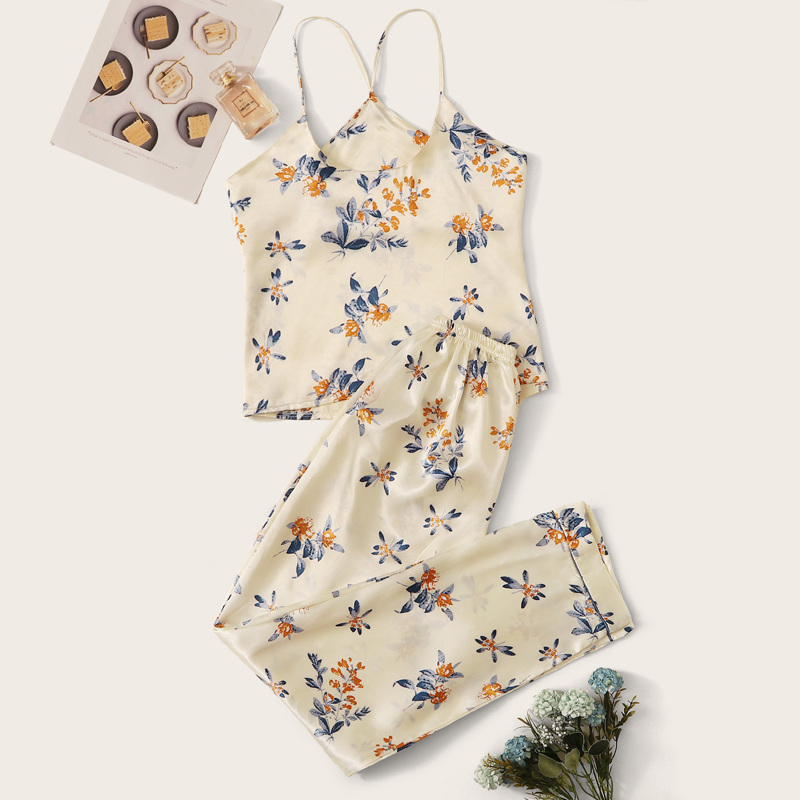 

Floral Print Satin Cami Pajama Set, Gold