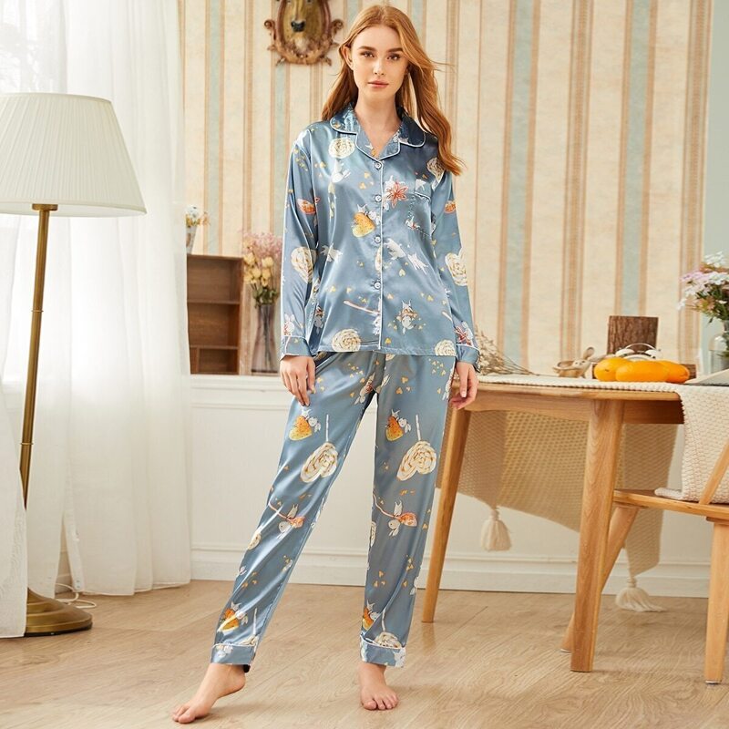 

Cartoon Print Satin Pajama Set, Blue