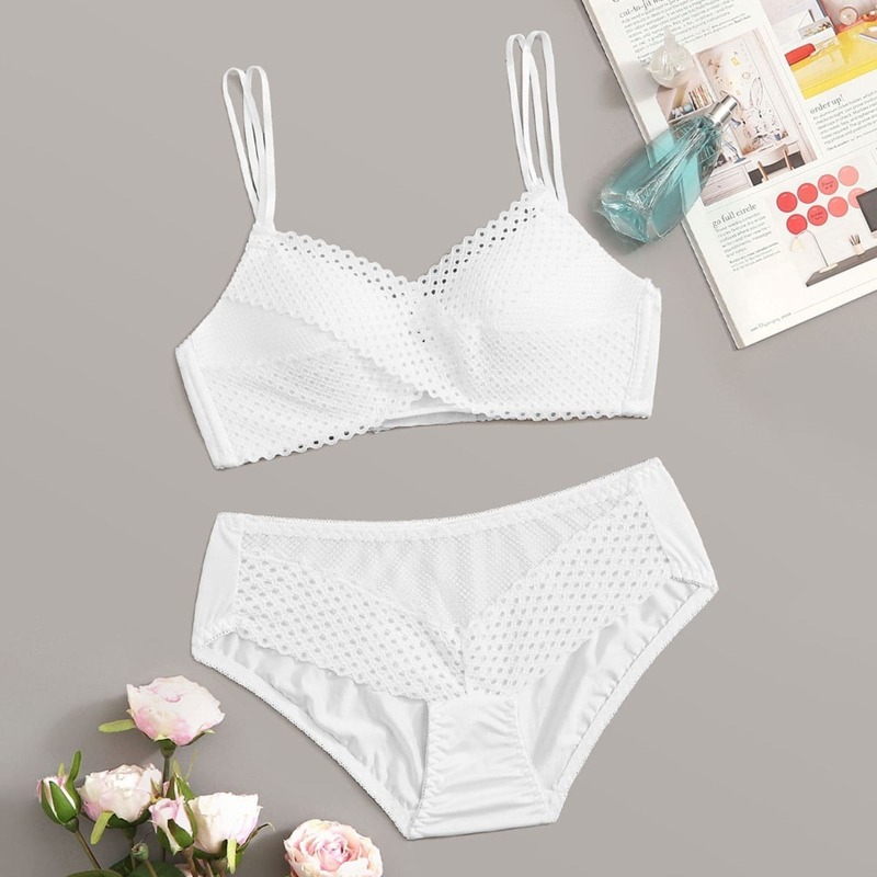 

Contrast Mesh Crisscross Lingerie Set, White