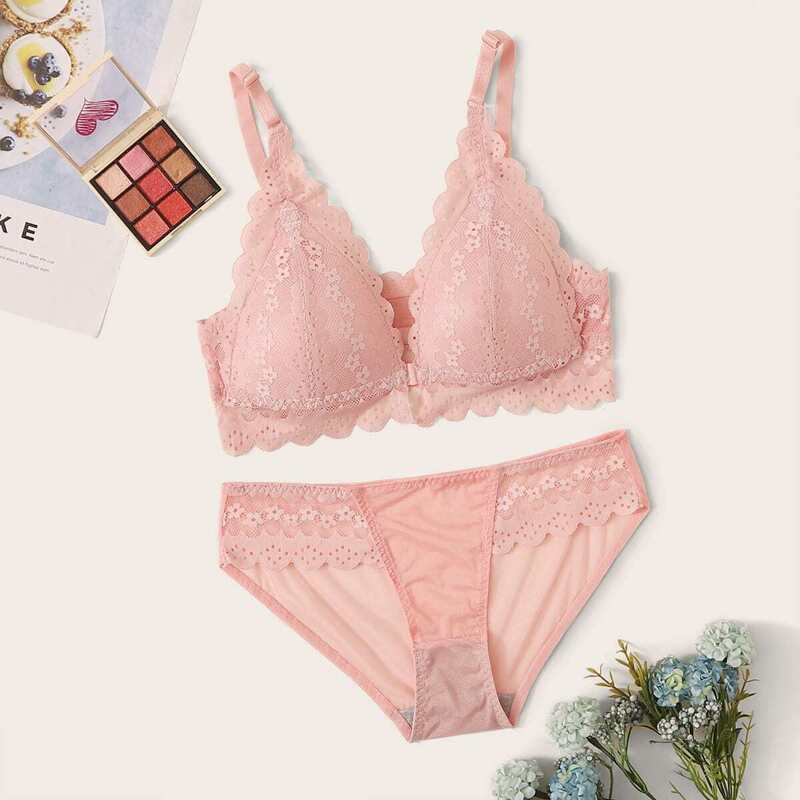 

Floral Lace Scalloped Trim Lingerie Set, Pink pastel