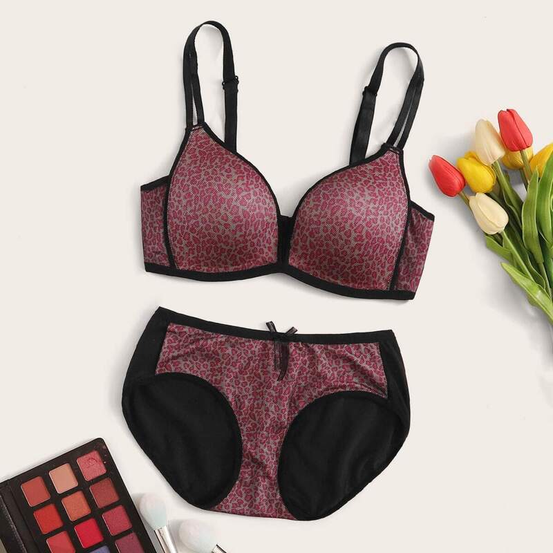 

Leopard Contrast Mesh Push Up Lingerie Set, Multicolor