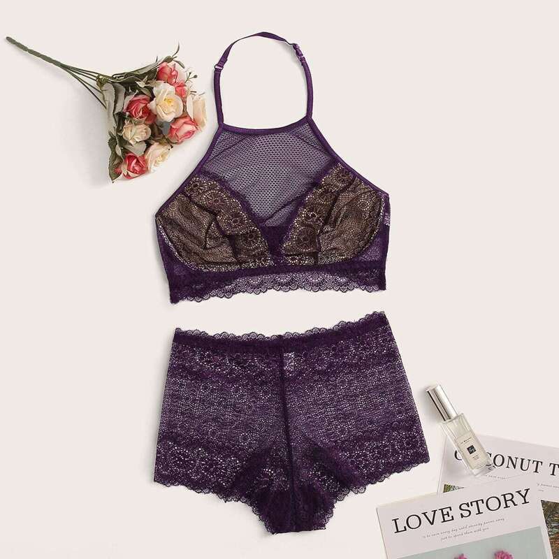 

Floral Lace Halter Lingerie Set, Purple