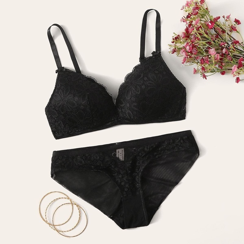 

Floral Lace Push Up Lingerie Set, Black
