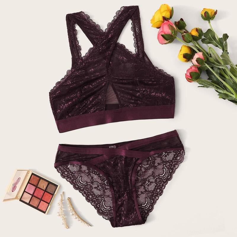 

Floral Lace Crisscross Lingerie Set, Burgundy