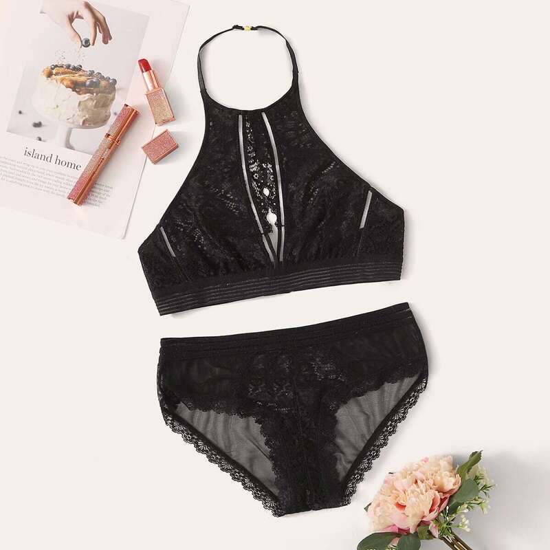 

High Neck Floral Lace Halter Lingerie Set, Black