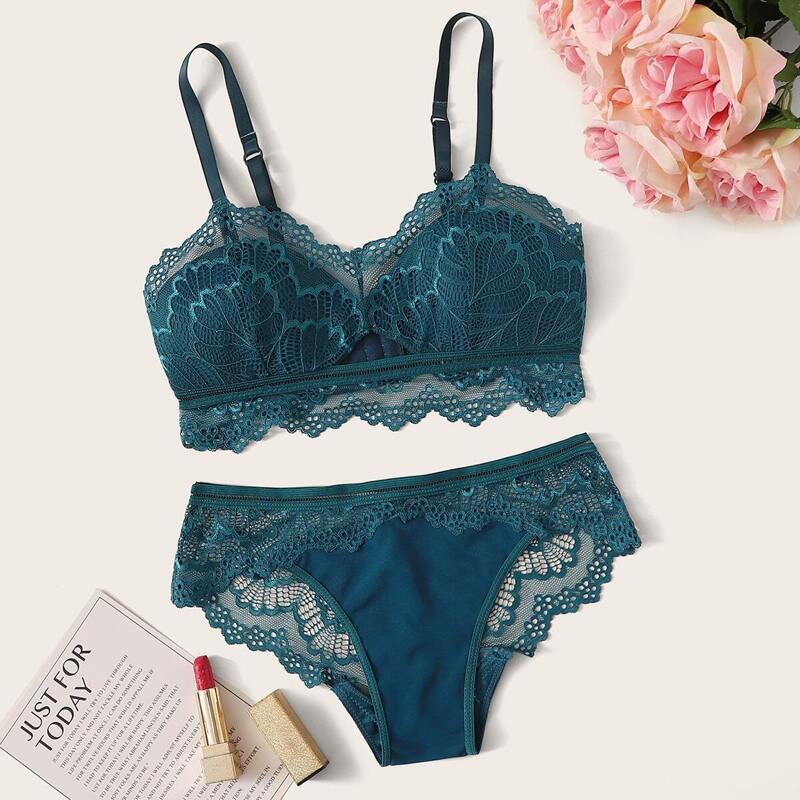 

Floral Lace Lingerie Set, Green