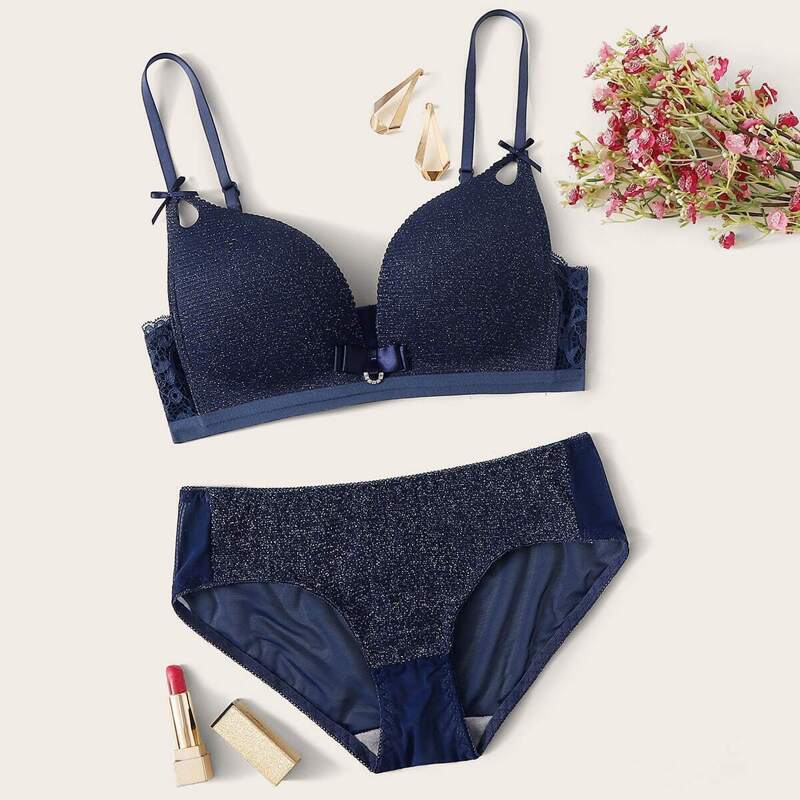 

Contrast Lace Lingerie Set, Blue