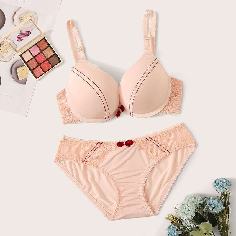 

Floral Lace Push Up Underwire Lingerie Set, Pink