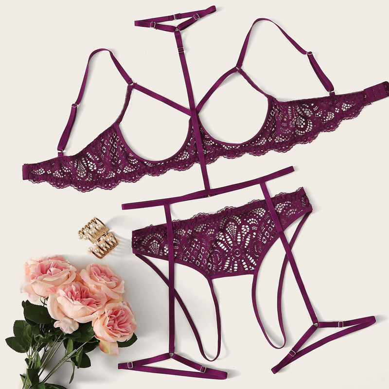 

Floral Lace Garter Lingerie Set With Choker, Purple