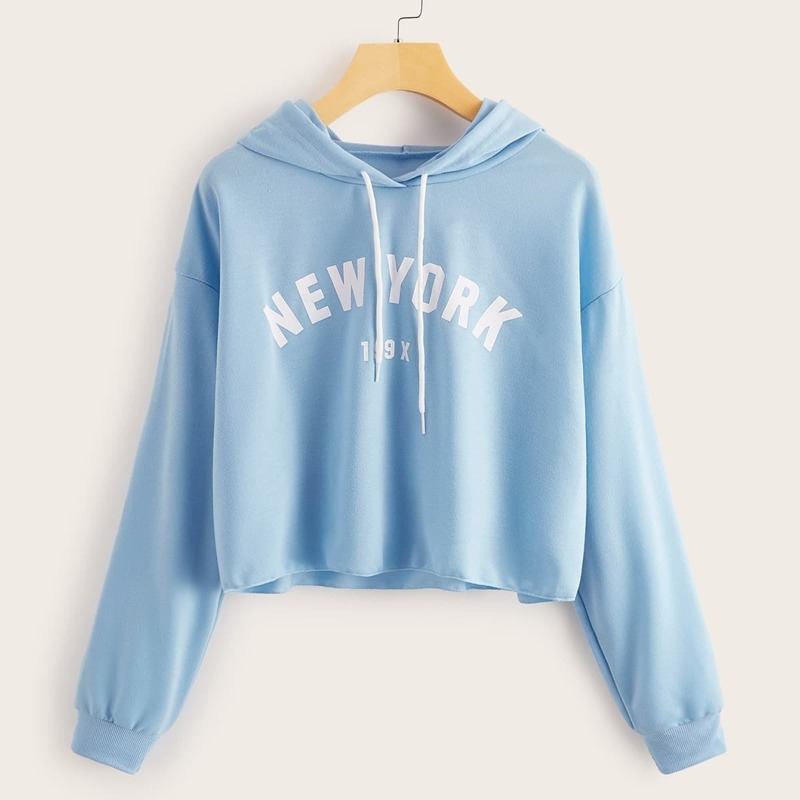 

Letter & Number Graphic Drawstring Hoodie, Blue