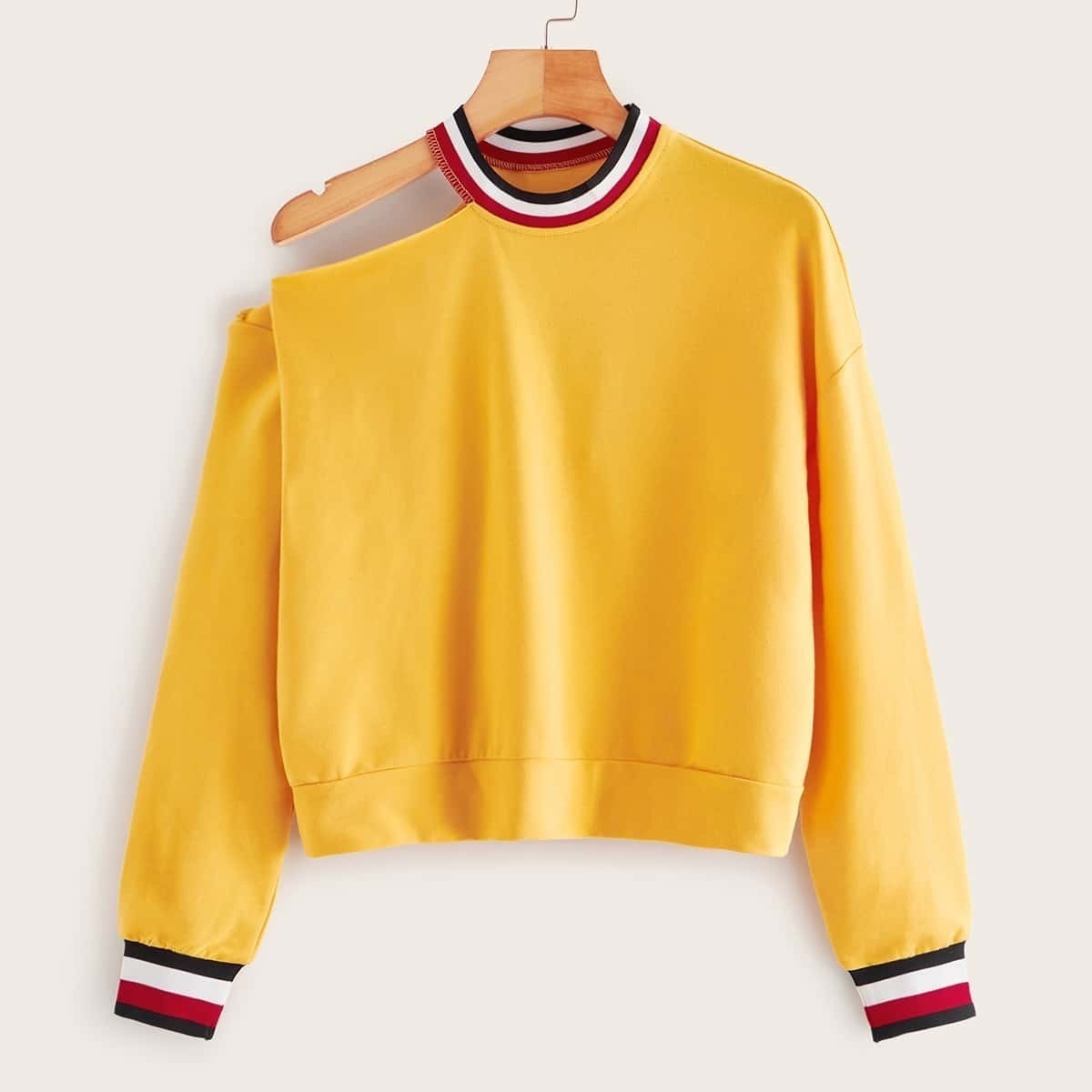 

Contrast Striped Asymmetrical Neck Sweatshirt, Yellow
