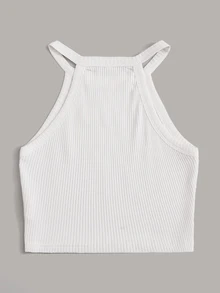 Solid Rib-Knit Halter Top - White - View 2