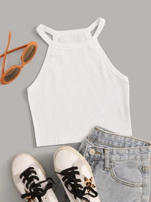 Solid Rib-Knit Halter Top - White - View 1