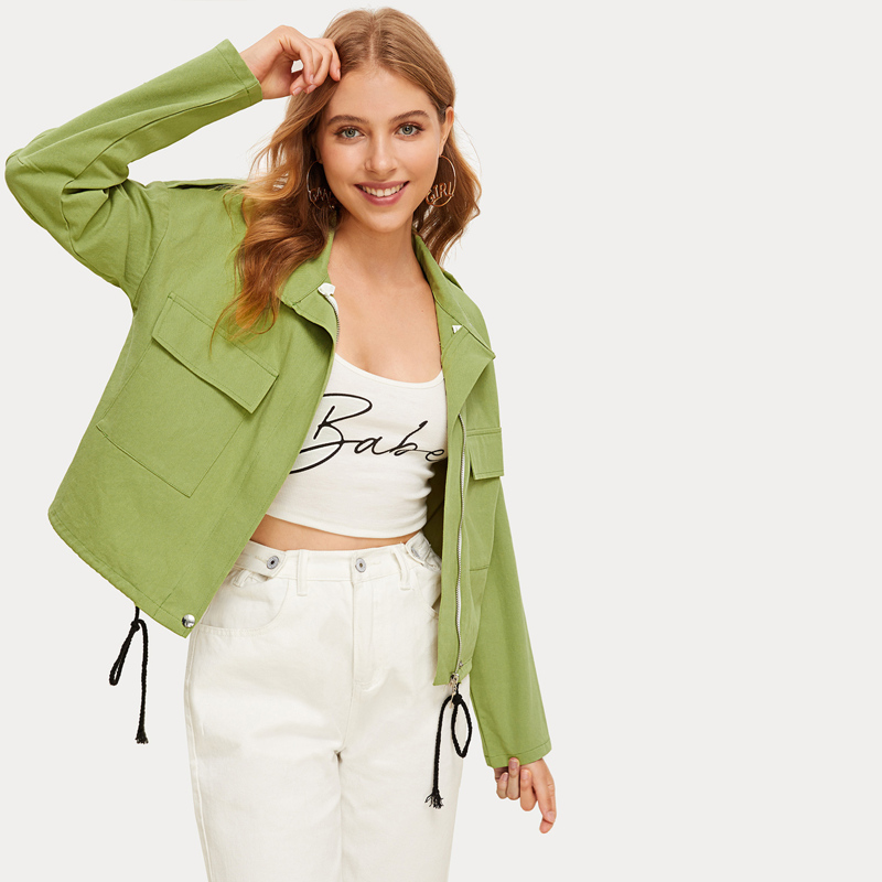 

Dual Pocket Drawstring Hem Jacket, Green