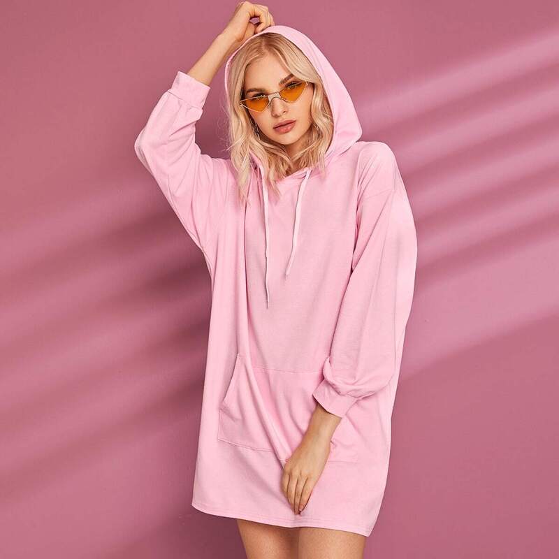 

Kangaroo Pocket Drawstring Hooded Sweatshirt Dress, Pink