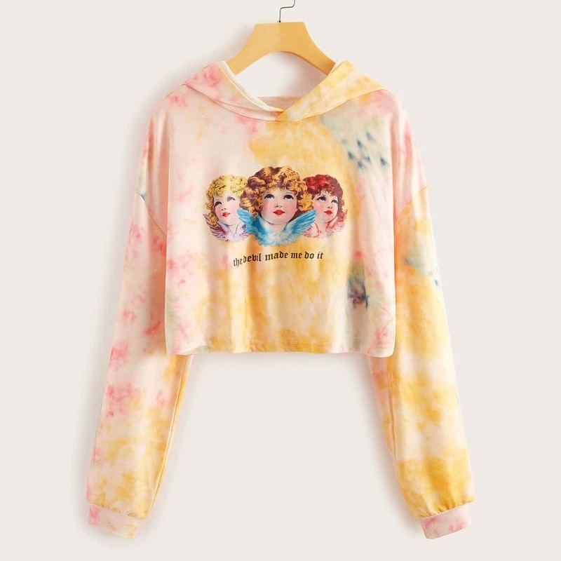 

Tie Dye Figure Print Crop Hoodie, Multicolor
