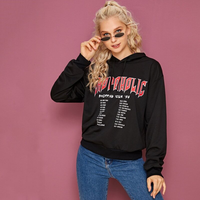 

Letter Print Drawstring Hooded Sweatshirt, Black