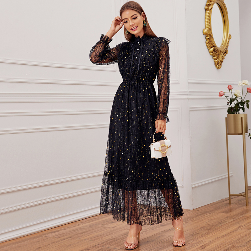 

Tie Neck Embroidery Mesh Overlay Dress, Black