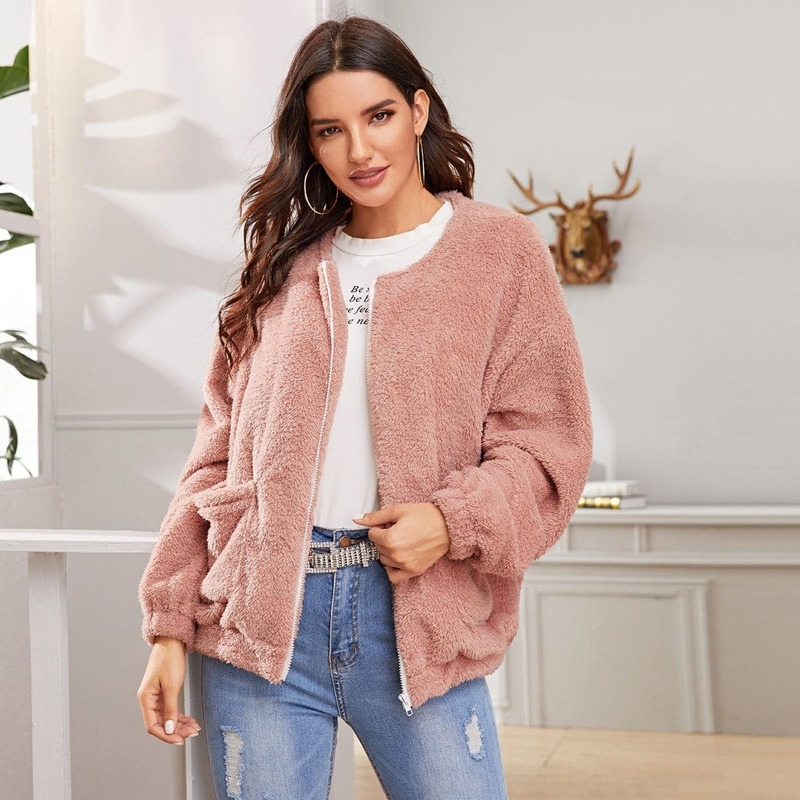 

Solid Dual Pocket Zip-up Teddy Jacket, Pink pastel