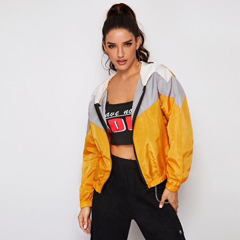 

Contrast Panel Zip-up Hooded Windbreaker Jacket, Yellow