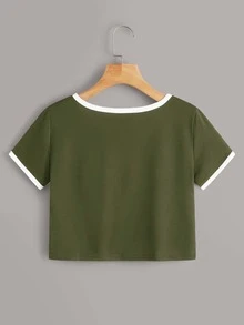 Camiseta ringer corta con estampado de planeta - Verde militar - Ver 2
