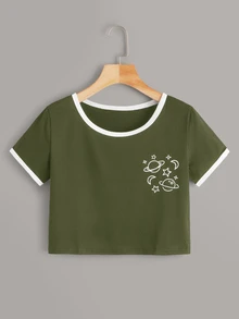 Camiseta ringer corta con estampado de planeta - Verde militar - Ver 1