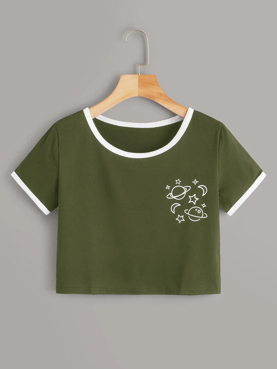 Camiseta ringer corta con estampado de planeta - Verde militar - Ver 1