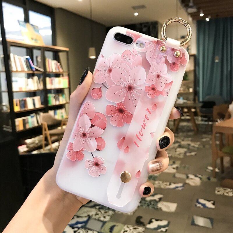 

ROMWE FUNSTUFF Ring Holder & Hand Strap Design Floral iPhone Case, Multicolor