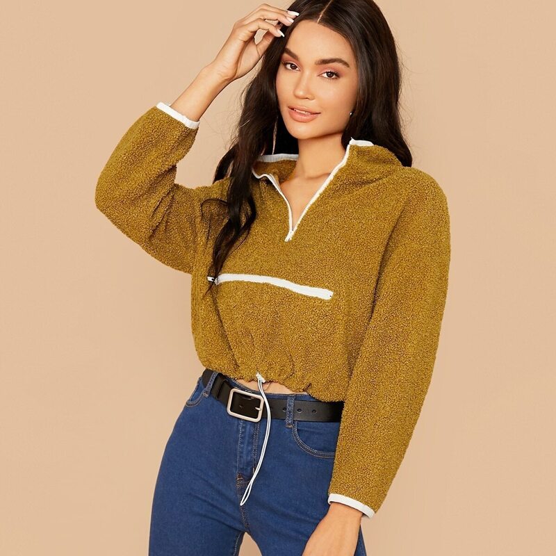 

Contrast Trim Zip Detail Teddy Sweatshirt, Yellow