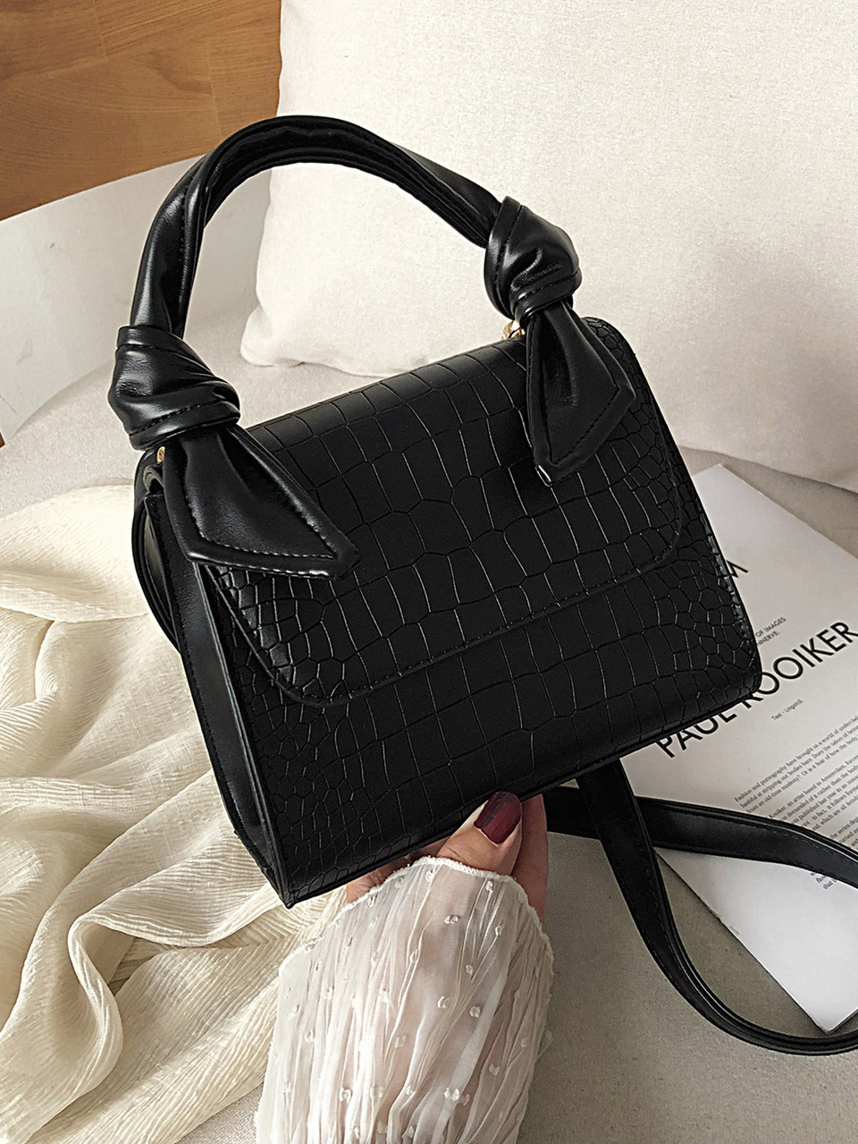 Crocodile Embossed Flap Satchel Bag