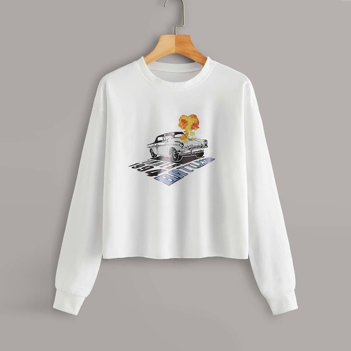 

Letter And Car Print Sweatshirt, White