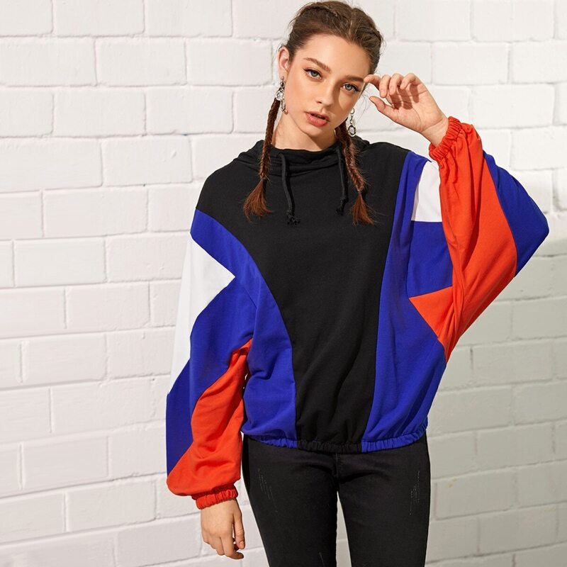 

Drawstring Neck Colorblock Hooded Sweatshirt, Multicolor