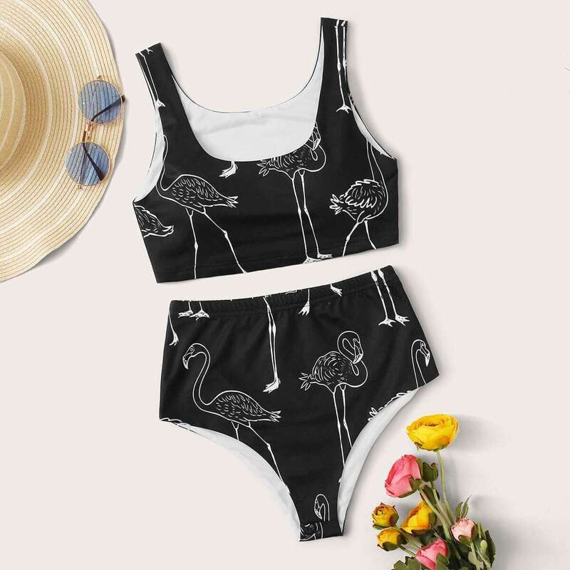 

Flamingo Print Top With High Waist Bikini Set, Black