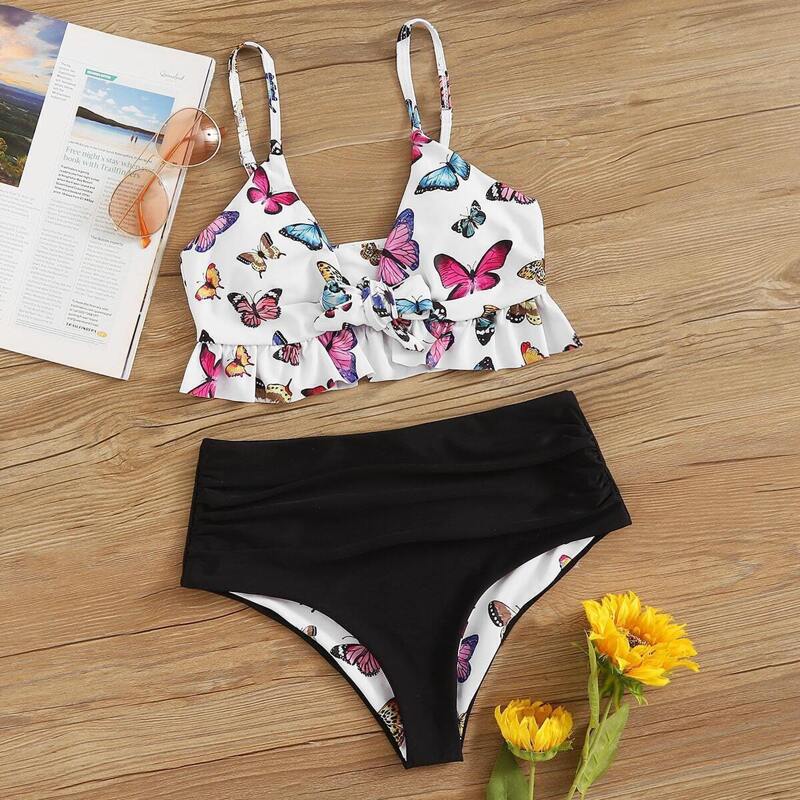 

Butterfly Print Knot Front Ruffle Hem Bikini Set, Multicolor