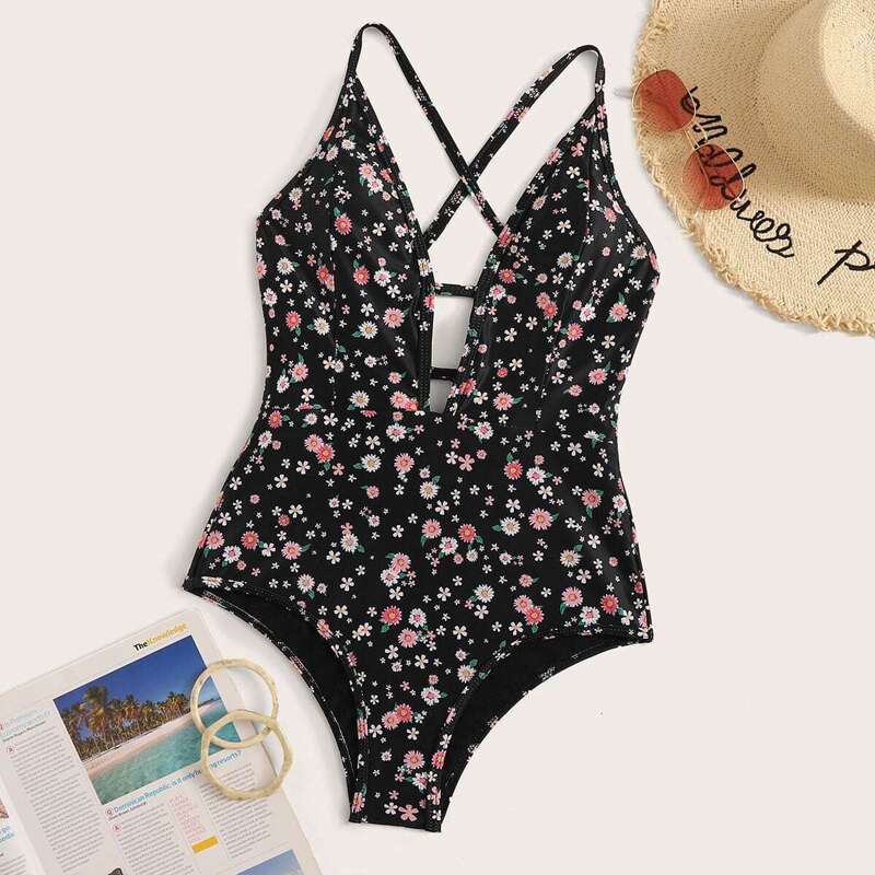 

Calico Print Lace Up Back One Piece Swimwear, Black