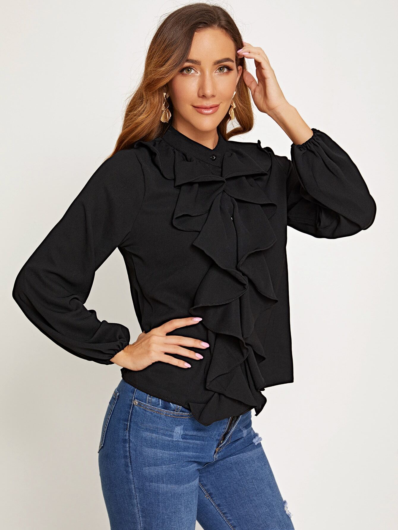 jabot collar blouson sleeve blouse