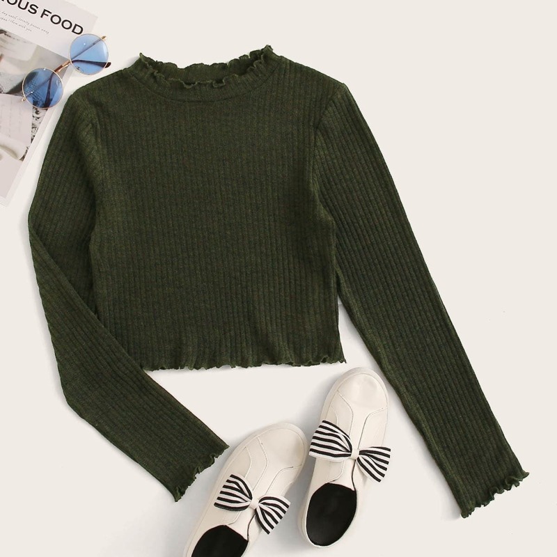 

Lettuce Edge Rib-knit Tee, Army green