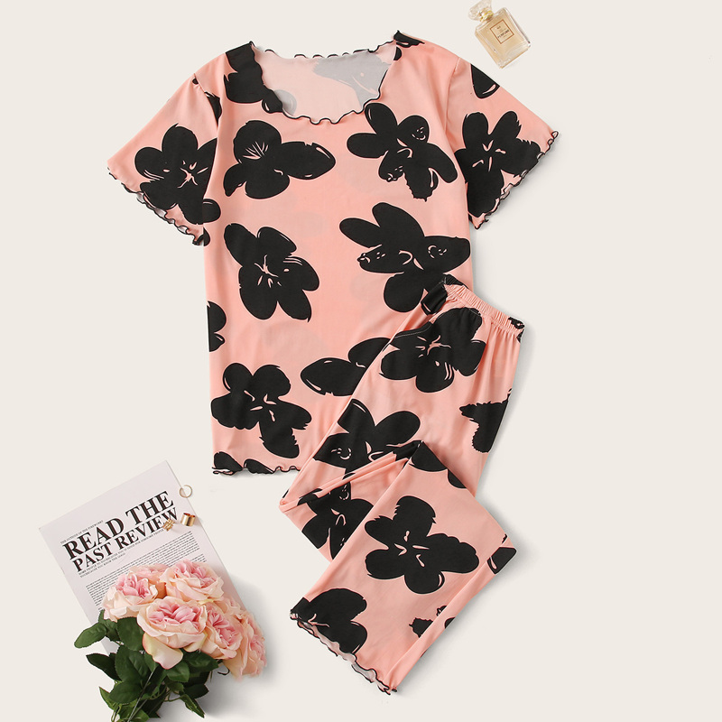 

Floral Print Lettuce Trim Pajama Set, Multicolor