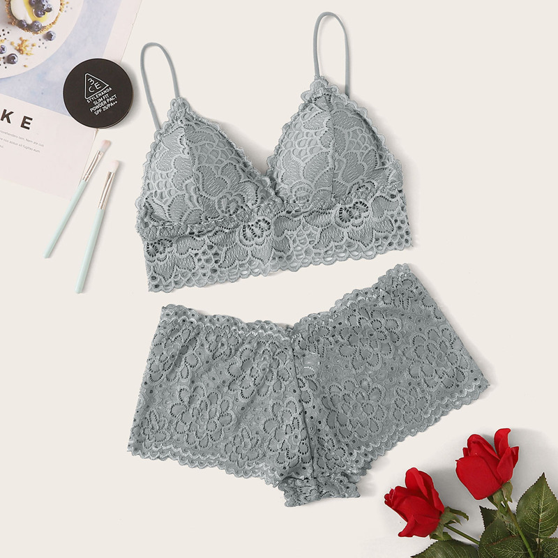 

Floral Lace Lingerie Set, Grey