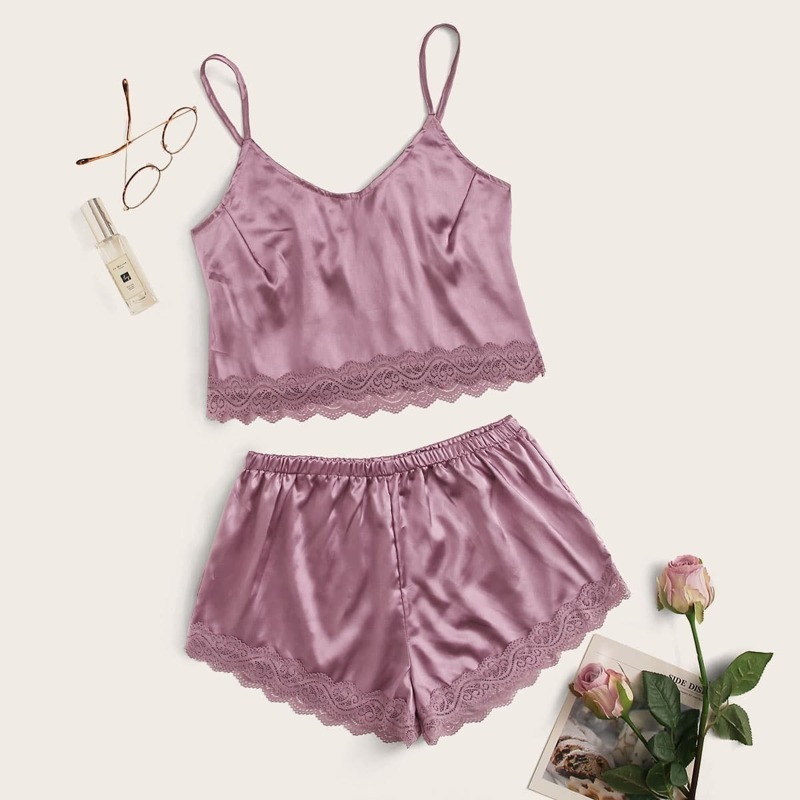 

Scalloped Lace Trim Satin Cami With Shorts, Pink