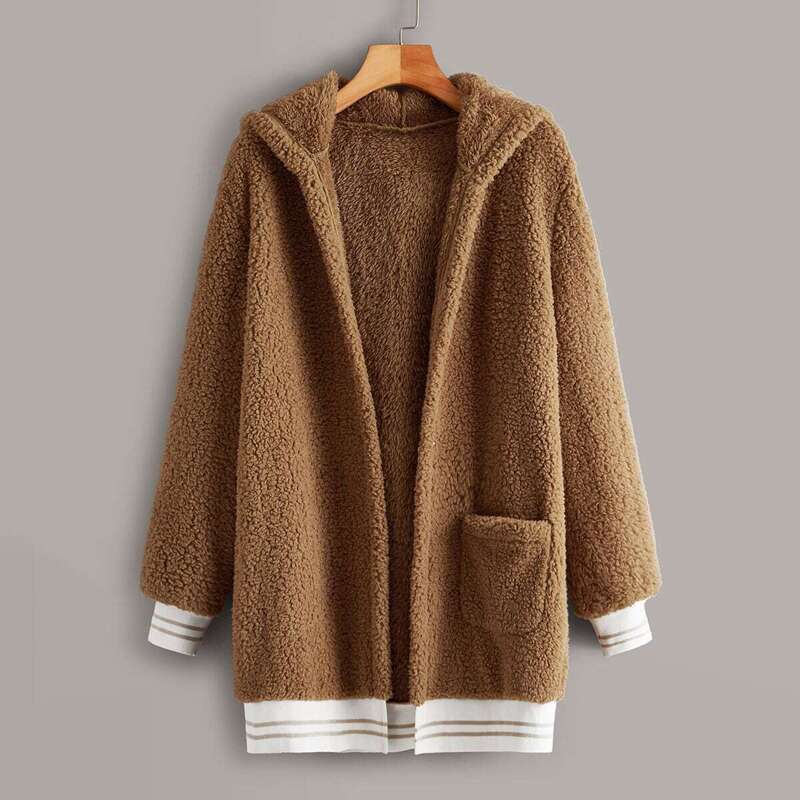 

Contrast Striped Pocket Detail Teddy Coat, Brown