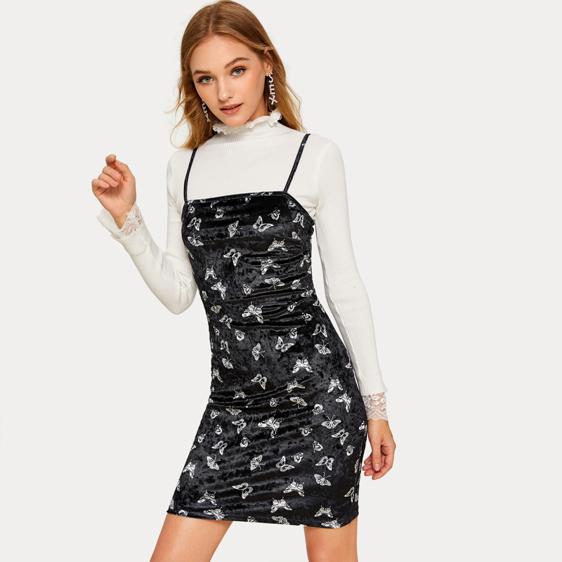 

Butterfly Print Velvet Cami Dress, Black
