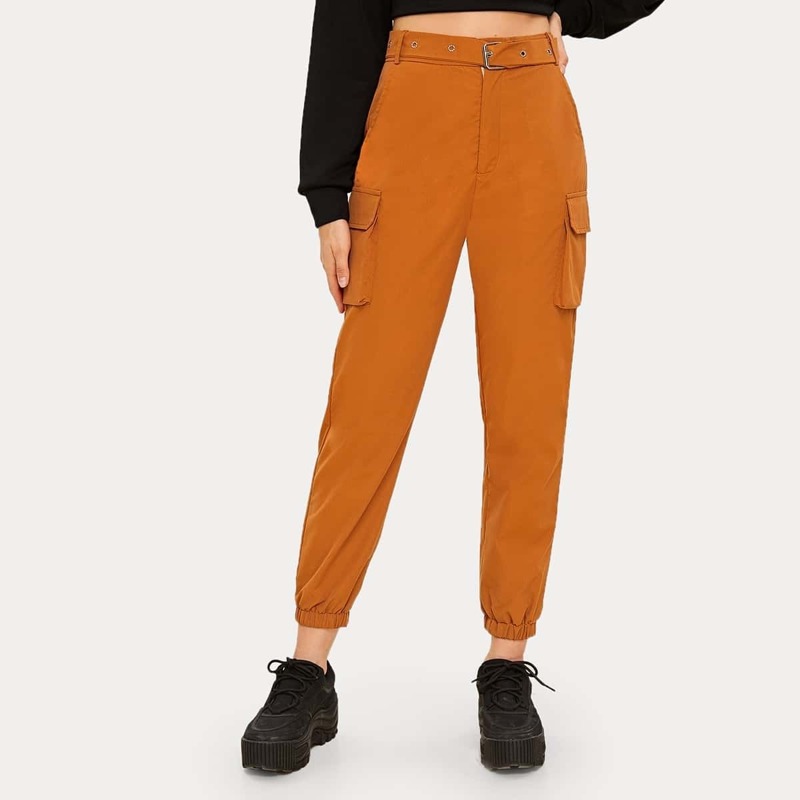 

Solid Side Flap Pocket Belted Cargo Pants, Orange bright