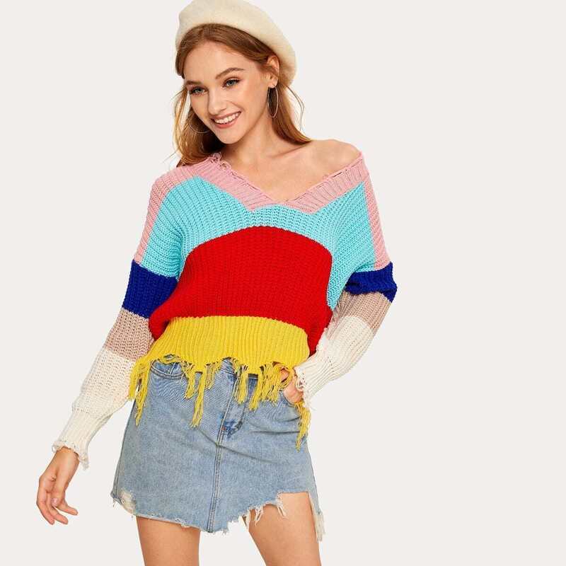 

Color-block V-neck Raw Trim Sweater, Multicolor