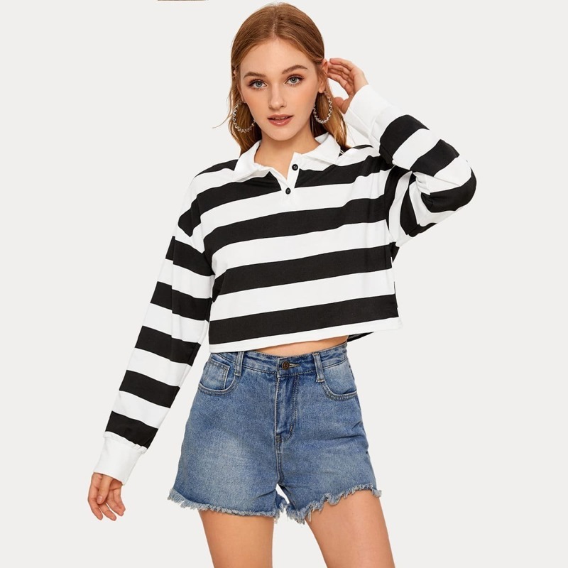 

Black & White Striped Polo Neck Crop Sweatshirt, Black and white