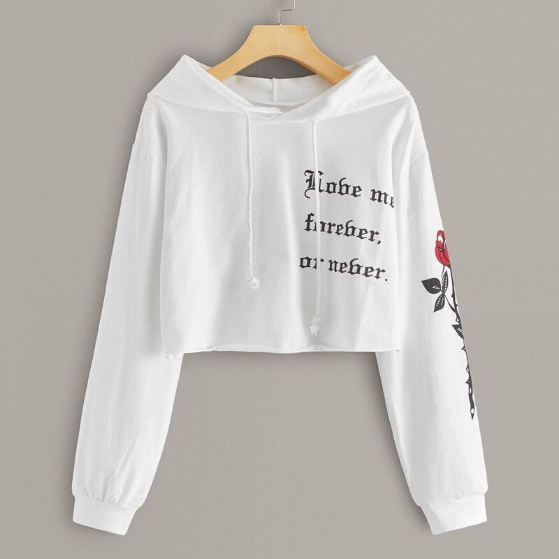 

Letter & Floral Print Drawstring Crop Hoodie, White