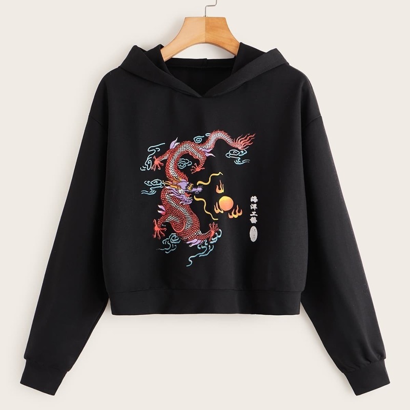 

Dragon Print Drop Shoulder Hoodie, Black