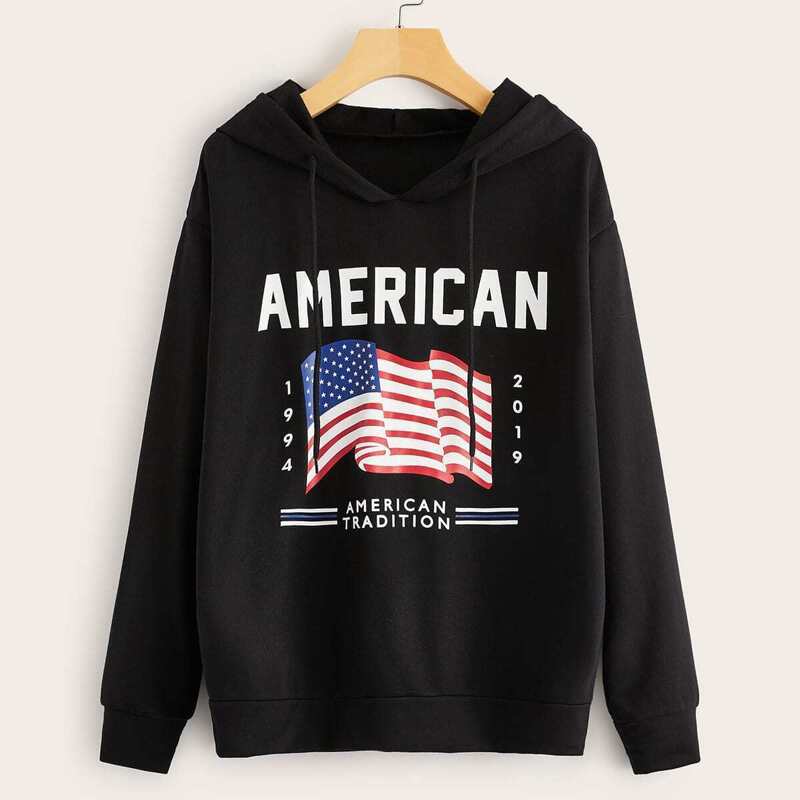 

Letter & Red White And Blue Print Drawstring Hoodie, Black