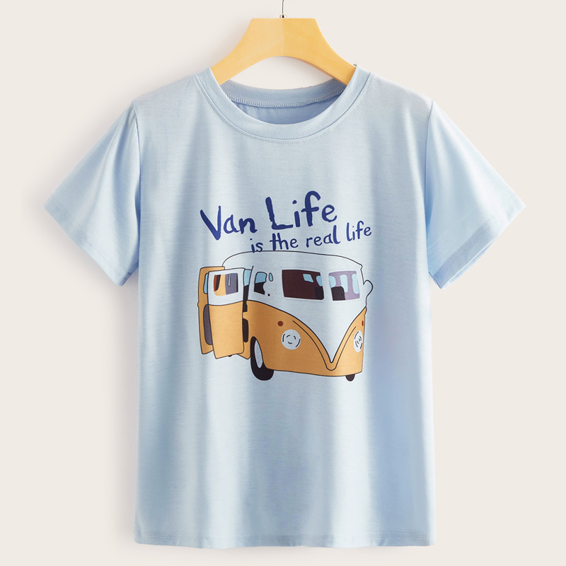 

Slogan & Bus Print Short Sleeve Tee, Blue pastel