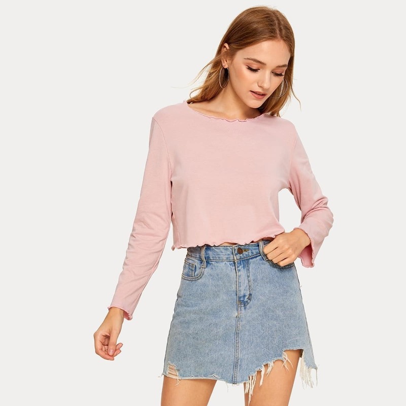 

Solid Lettuce Trim Long Sleeve Tee, Pink pastel